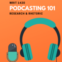 An Orange background that has a teal cartoon-style set of headphones and microphone. The image says: &quot;WRIT 1420, Podcasting 101, Research &amp; Rhetoric&quot;.